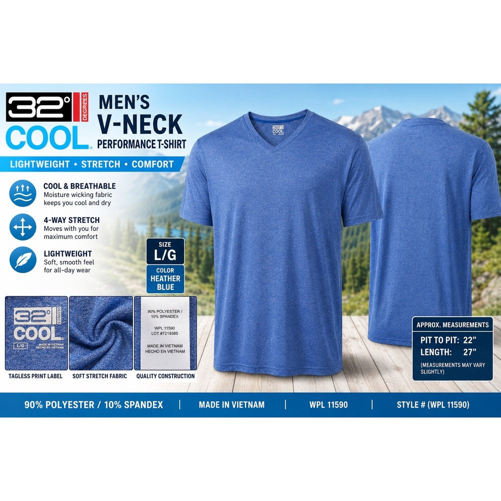 32 Degrees Cool Mens V-Neck Performance T-Shirt Heather Blue Large L WPL 11590